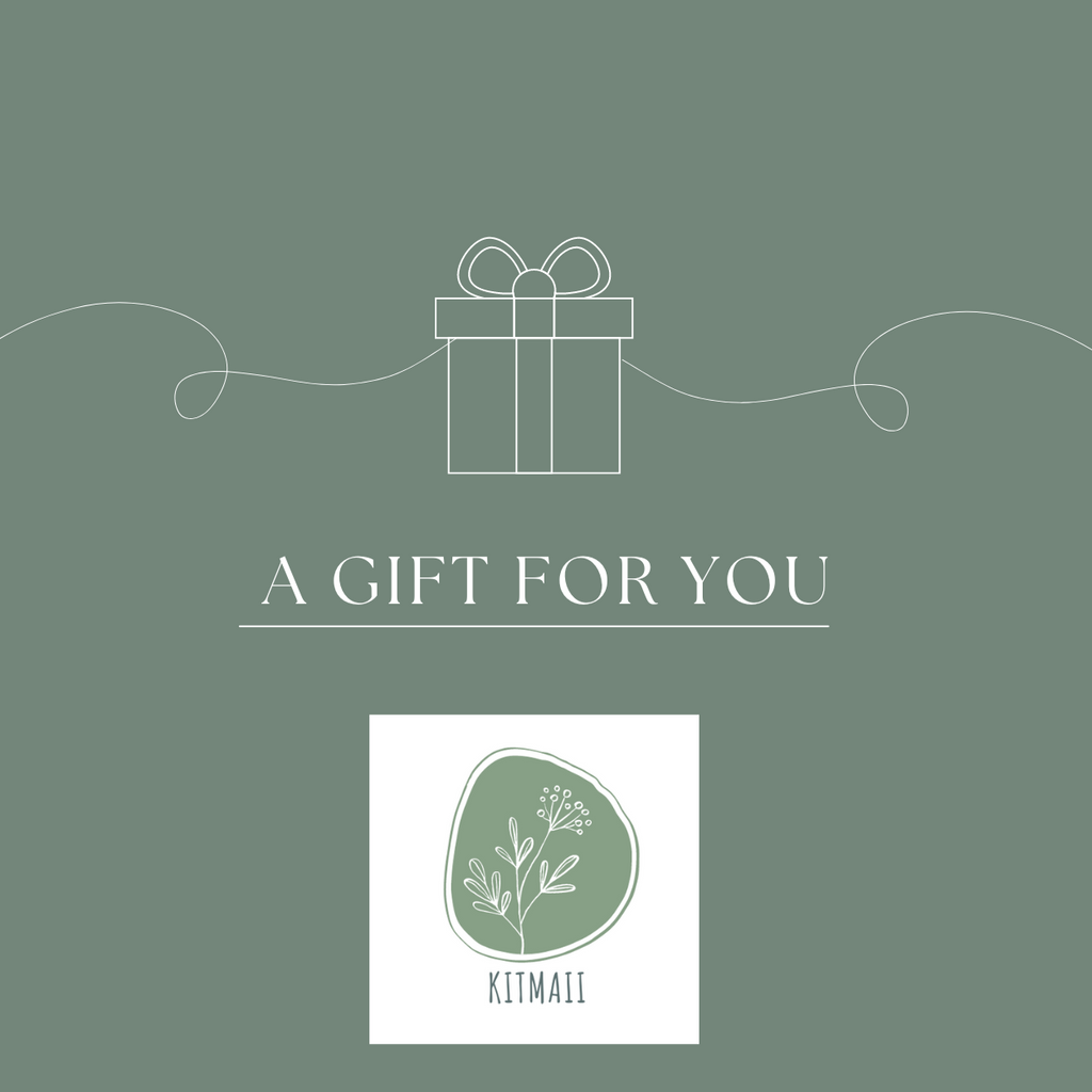 Kitmaii Digital Gift Card Green background, picture of gift box, kitmaii logo