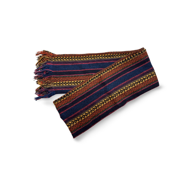 Handmade Cotton Scarf, made in Thailand folded on white background, Purple, Blue, Gold and orange tones