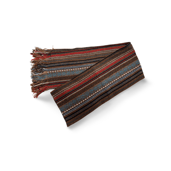 Handmade Cotton Scarf, made in Thailand folded on white background, blue, red, beige tones