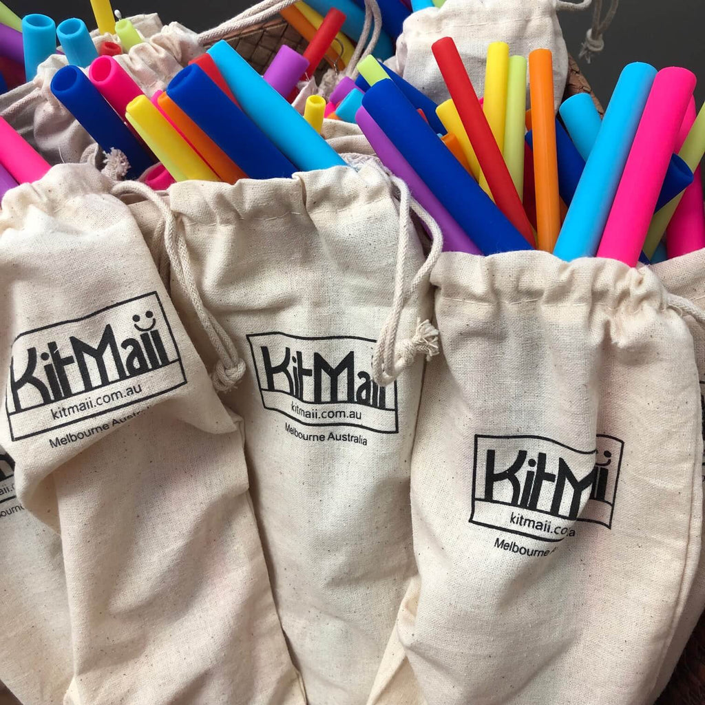 colourful silicone reusable straws (set of 8) in organic cotton carry bag
