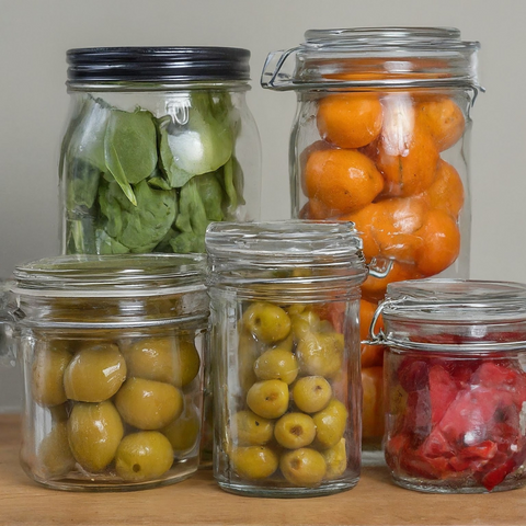 Reusable glass jars with lids containing food from supermarkets and delicatessans