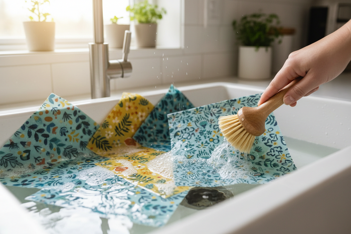 image of colourful reusable wax food wraps in a sink full of water being cleaned by a wooden cleaning  brush