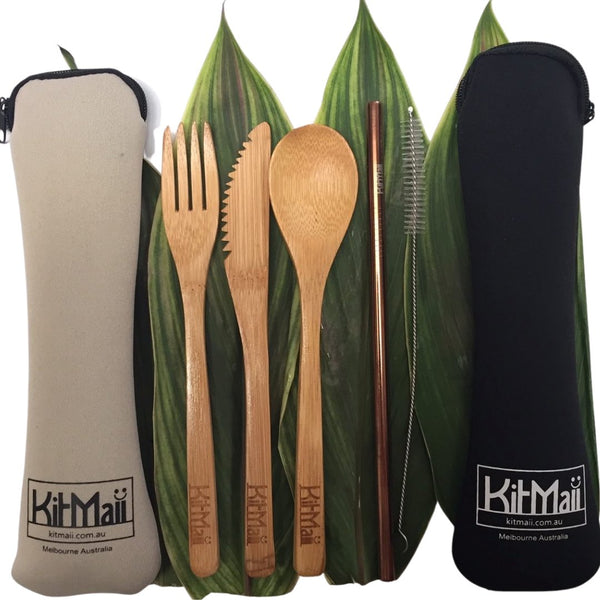 Bamboo Cutlery Set with Stainless Steel Straw & Cleaning Brush in Beige or Black Pouch - KitMaii
