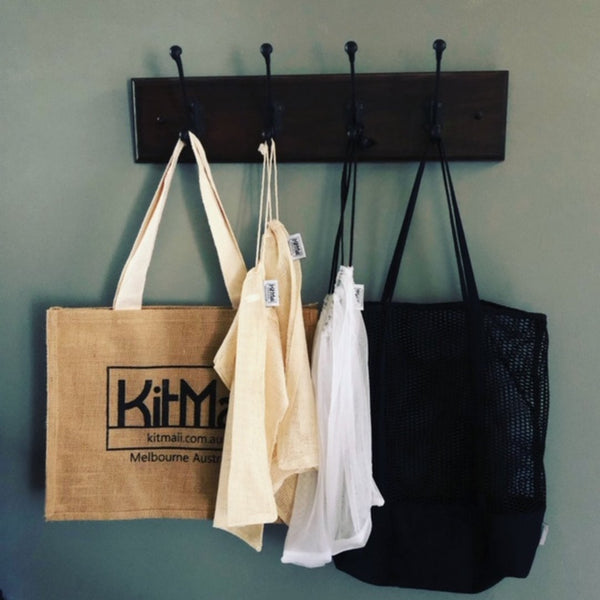 Eco-friendly bags - jute shopping bag, black canvas mesh tote, reusable organic cotton and mesh produce bags