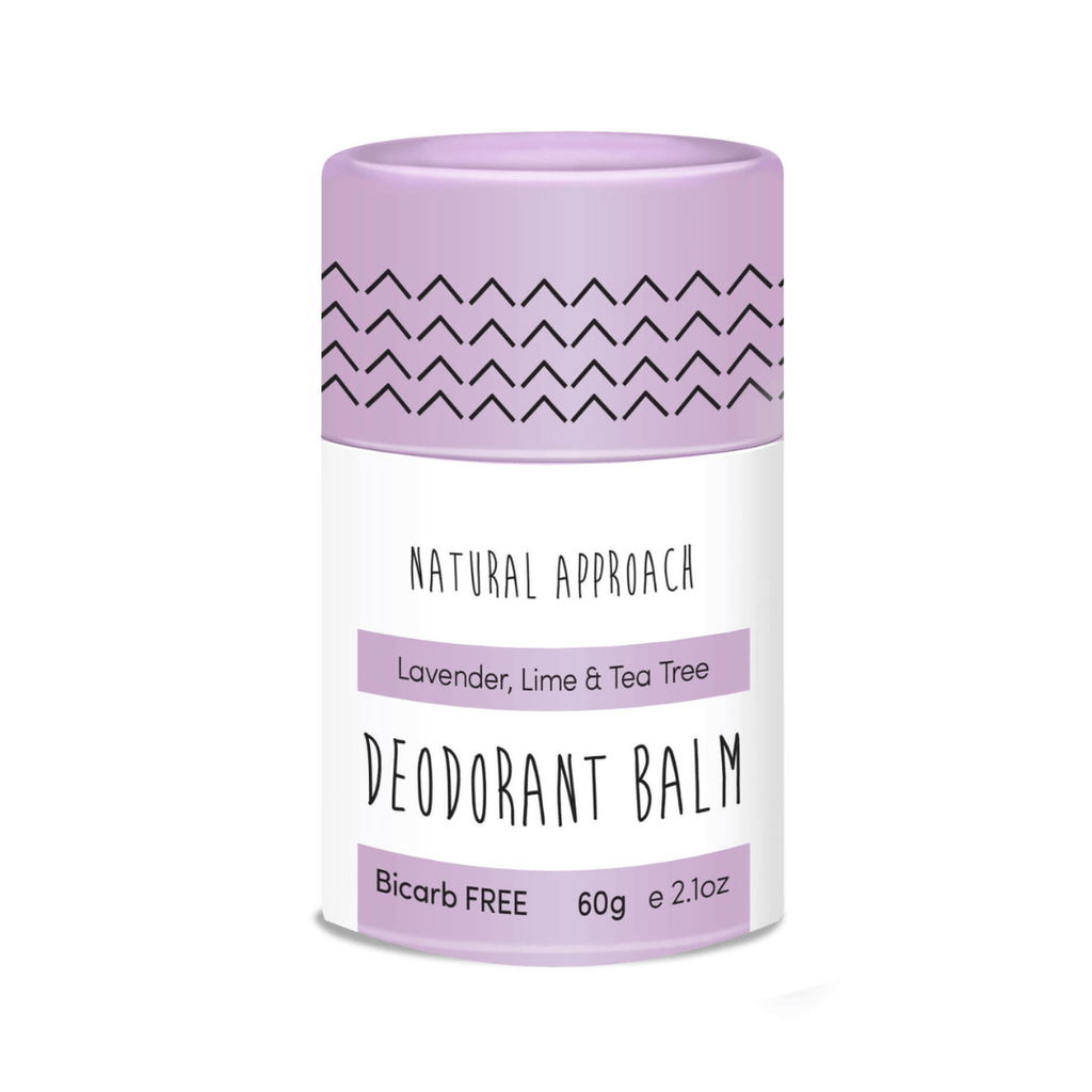 Deodorant balm container Lavender, Lime & Tea Tree variety with purple lid and white body on a white background