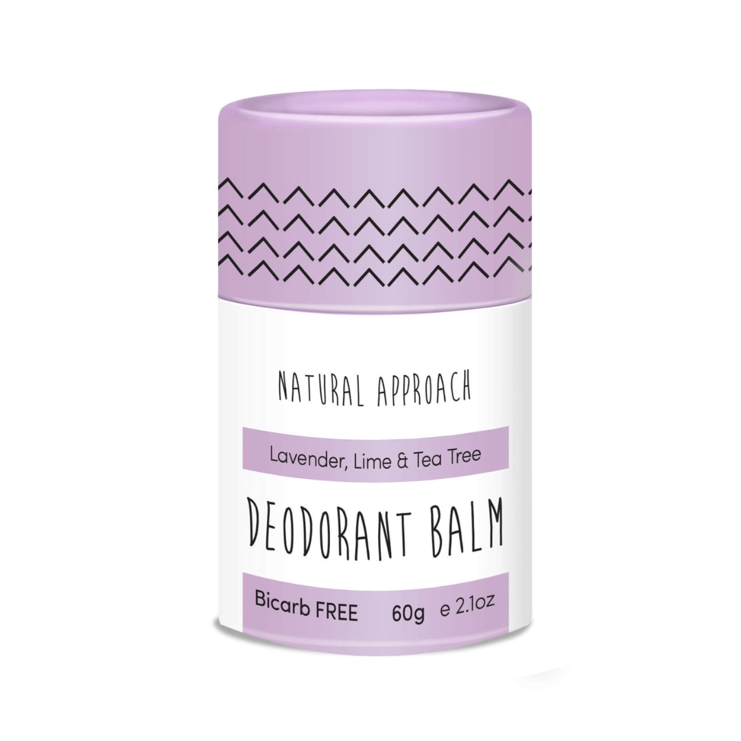 Deodorant balm container Lavender, Lime & Tea Tree variety with purple lid and white body on a white background