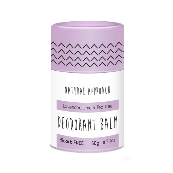 Deodorant balm container Lavender, Lime & Tea Tree variety with purple lid and white body on a white background