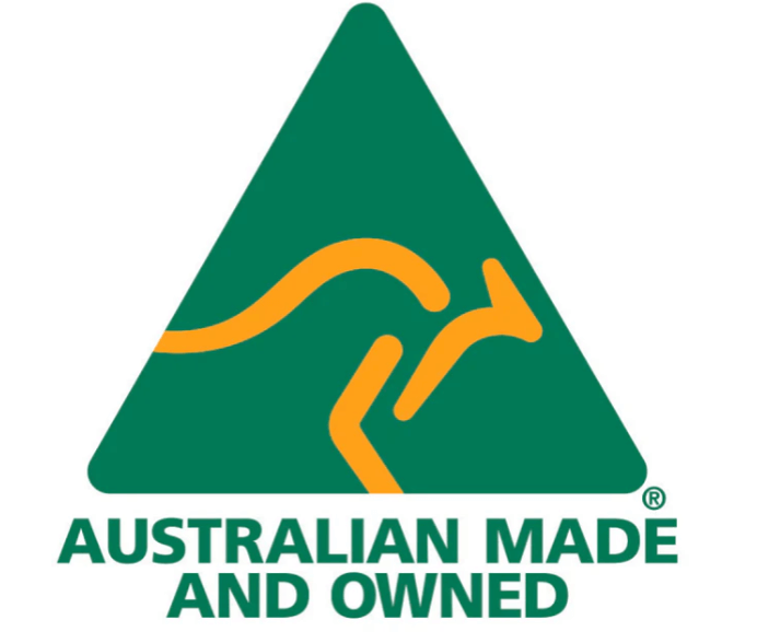 Australian Made and Owned Logo with gold kangaoo and  green triangle background