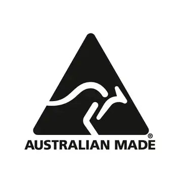 Australian Made Symbol transparent kangaroo on black triangle with words Australian Made Underneath