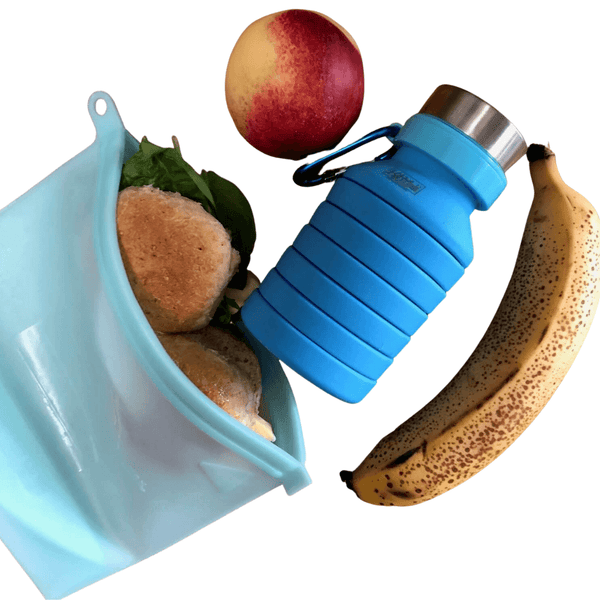 Reusable Silicone ziploc bag blue and expanding travel drink bottle blue