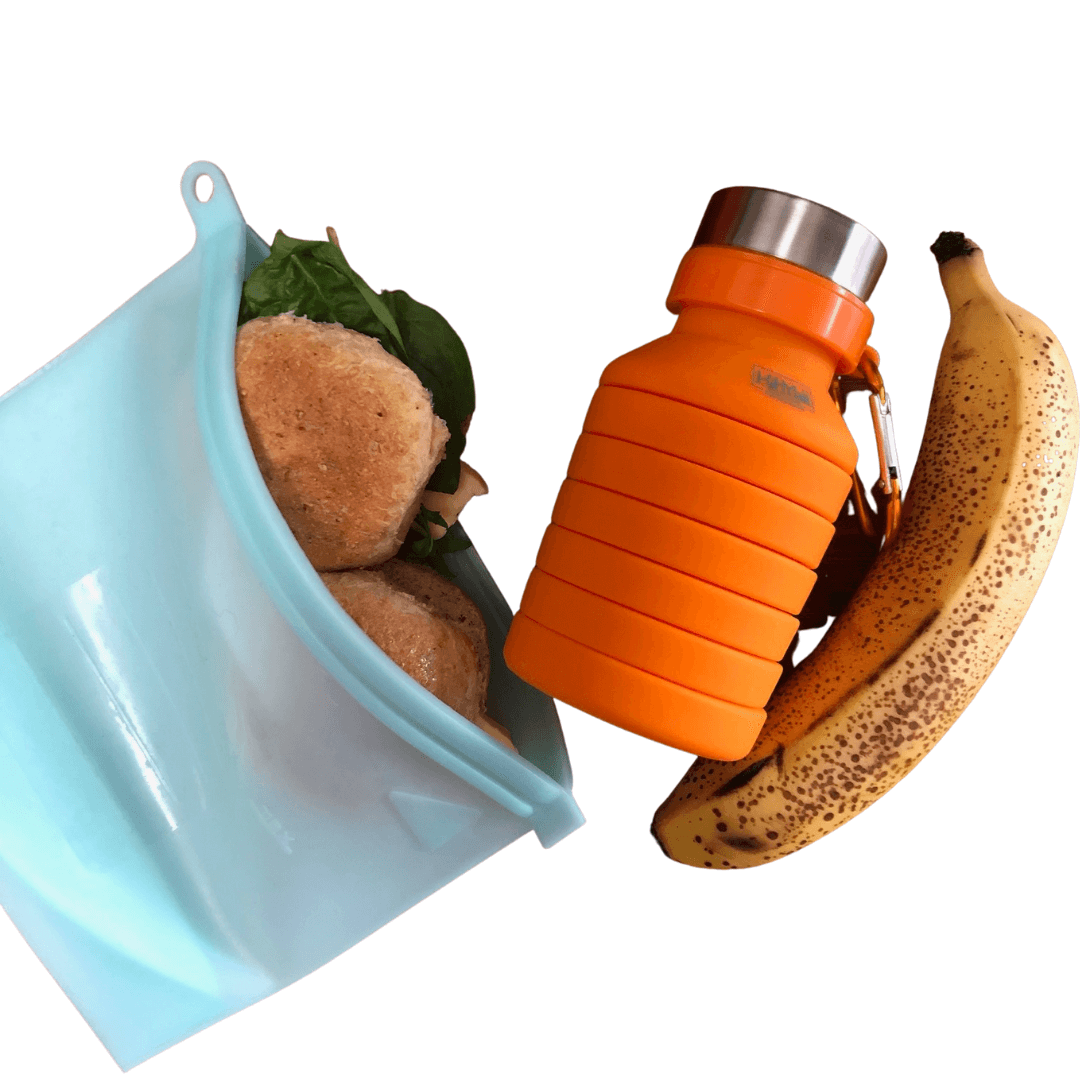 Reusable Silicone ziploc bag blue and expanding travel drink bottle orange