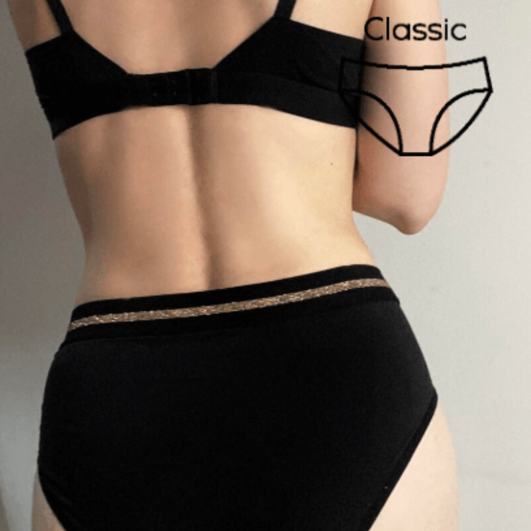 Bimba Period Underwear with rear view on woman showing 'Classic' pant icon