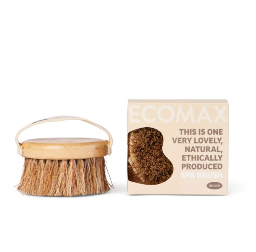 Natural body brush made from Sisal and Coconut fibre, with wooden handle and packaging on a white background