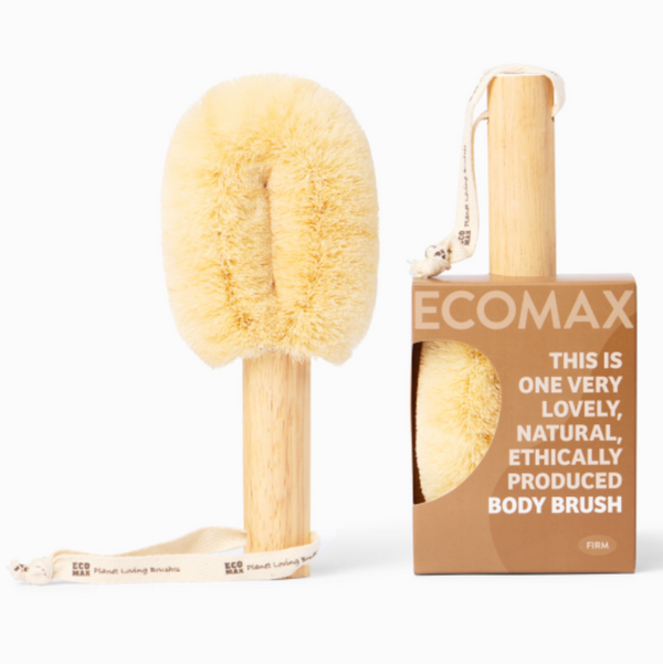 Ecomax Spa Body Brush - Natural  (Firm) pictured in packaging and brush standing on a white background