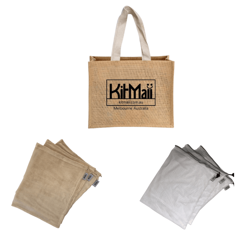 Kitmaii eco shopping kit, jute shopping bag organic cotton produce bags and recycled mesh produce bags