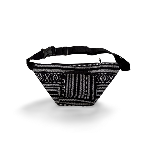 Handmade bum bag Tribal Print Black, made in Thailand, pictured on white background