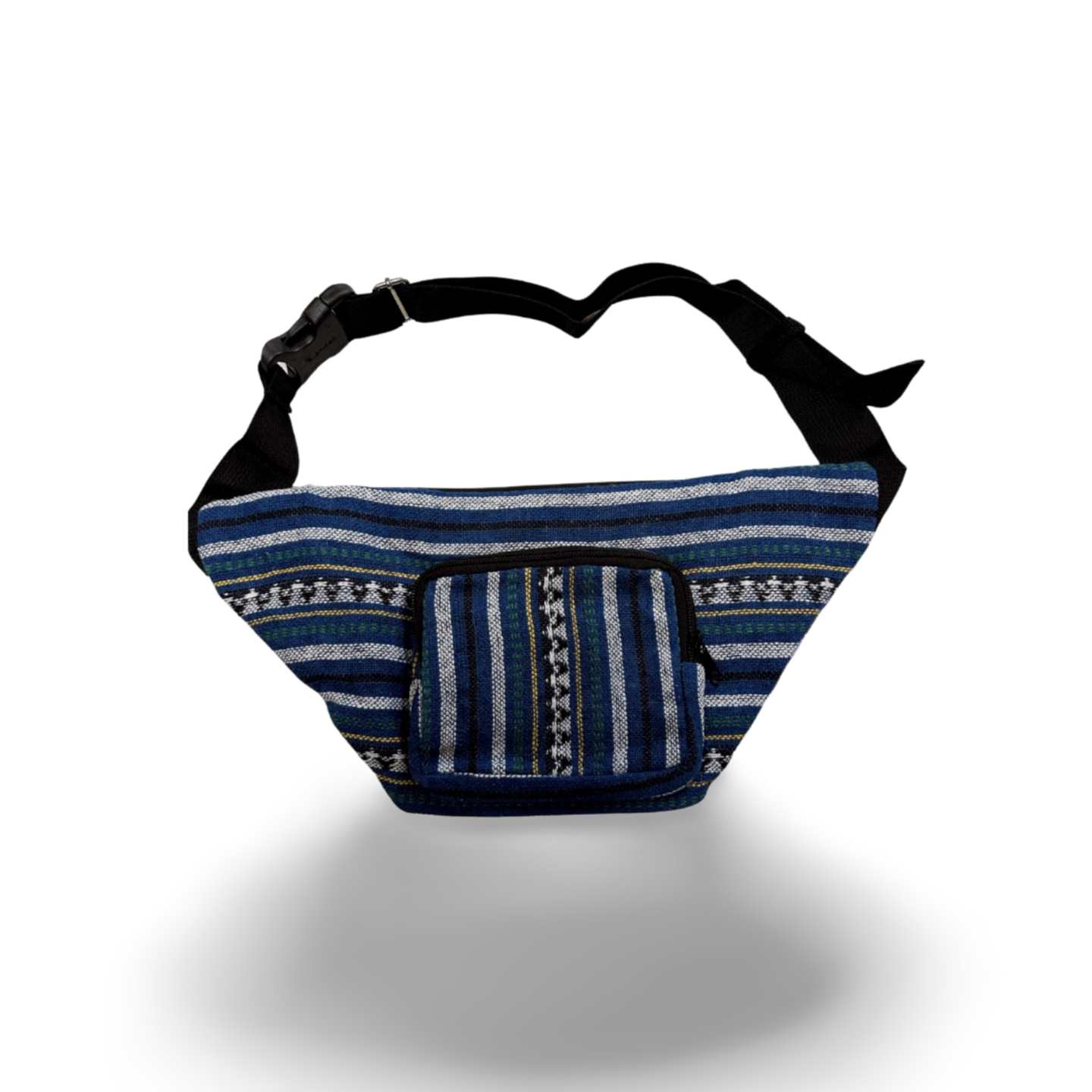 Handmade bum bag Tribal Print Blue, made in Thailand, pictured on white background