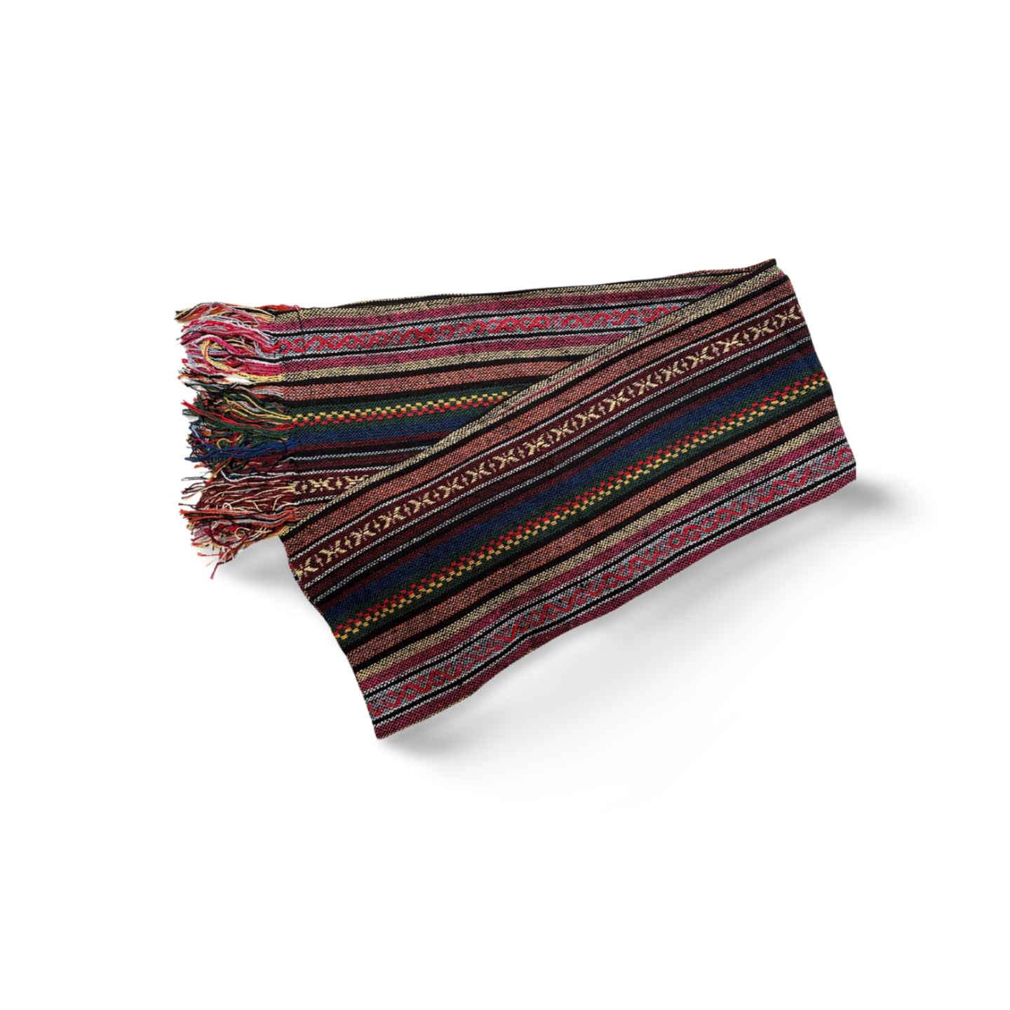 Handmade Cotton Scarf, made in Thailand folded on white background, blue, pink, gold, red tones