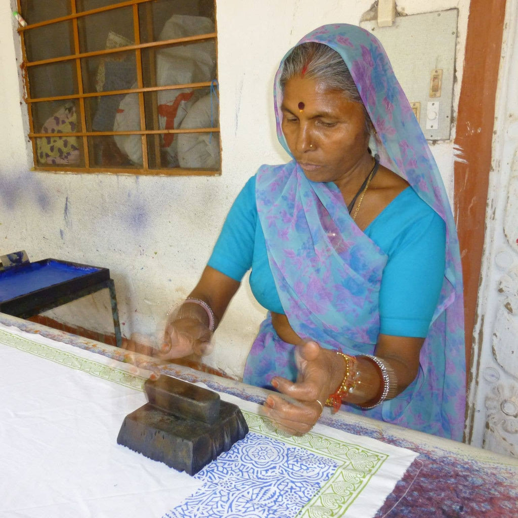 Photo of Indian Artisan creating Blue Valley hand block printed cotton napkins