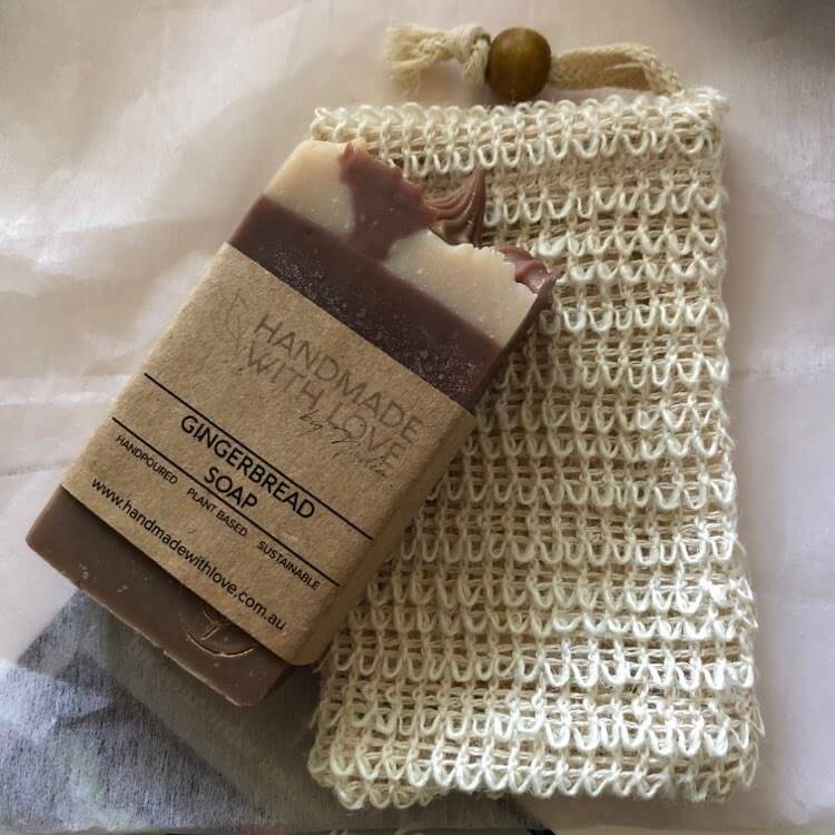 Handmade Soap pictured on Cotton Linen Exfoliating Soap Bag