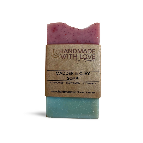 Madder and Clay Handmade Soap in cardboard packaging band on white background