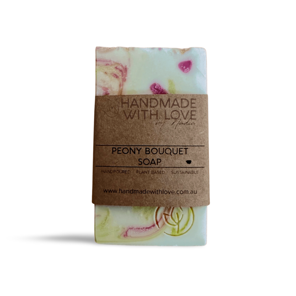 Handmade Peony Bouquet Soap in cardboard packaging band on white background