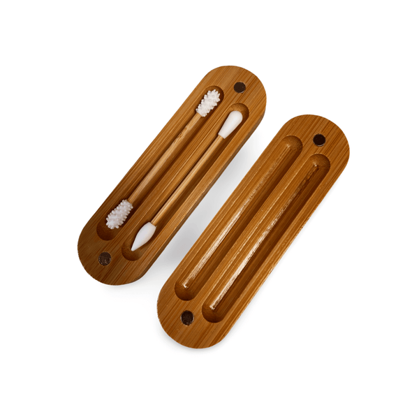 Reusable Bamboo Silicone Ear Swaps with bamboo case pictured open on white background
