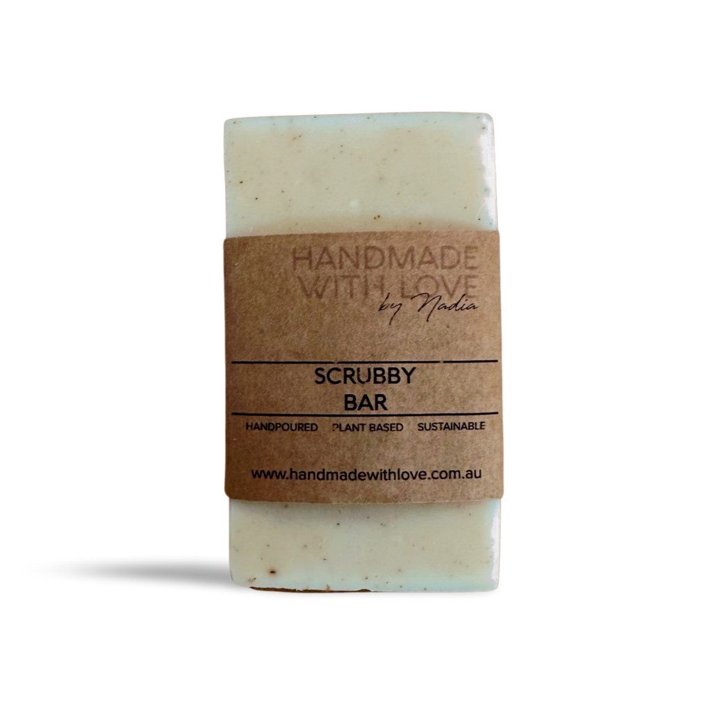 Handmade Soap Scrubby Bar in Cardboard packaging on white background