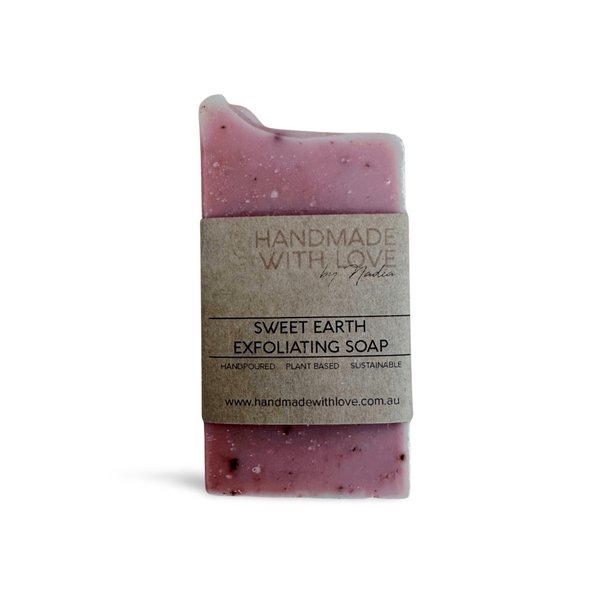 Sweet Earth Exfoliating Soap in cardboard packaging band on white background