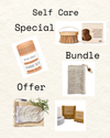 Collection of natural self-care products with text 'Self Care Special Bundle Offer' on a beige background.