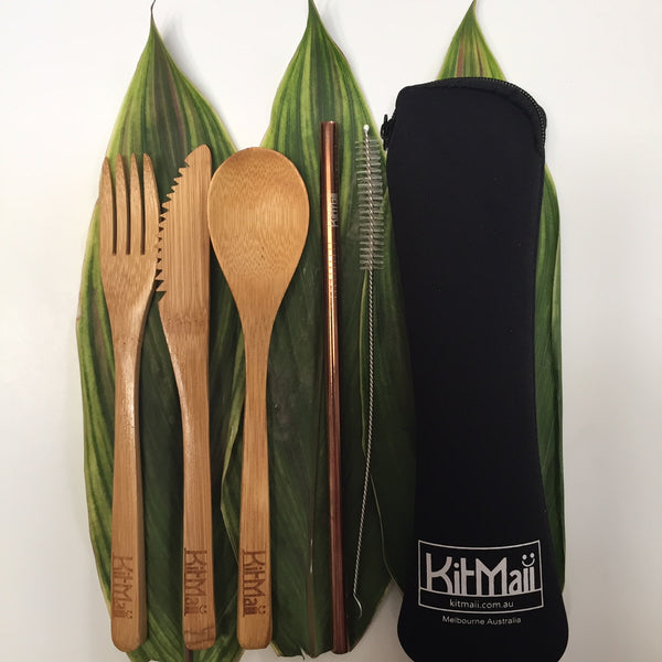 bamboo cutlery set with straw in pouch black