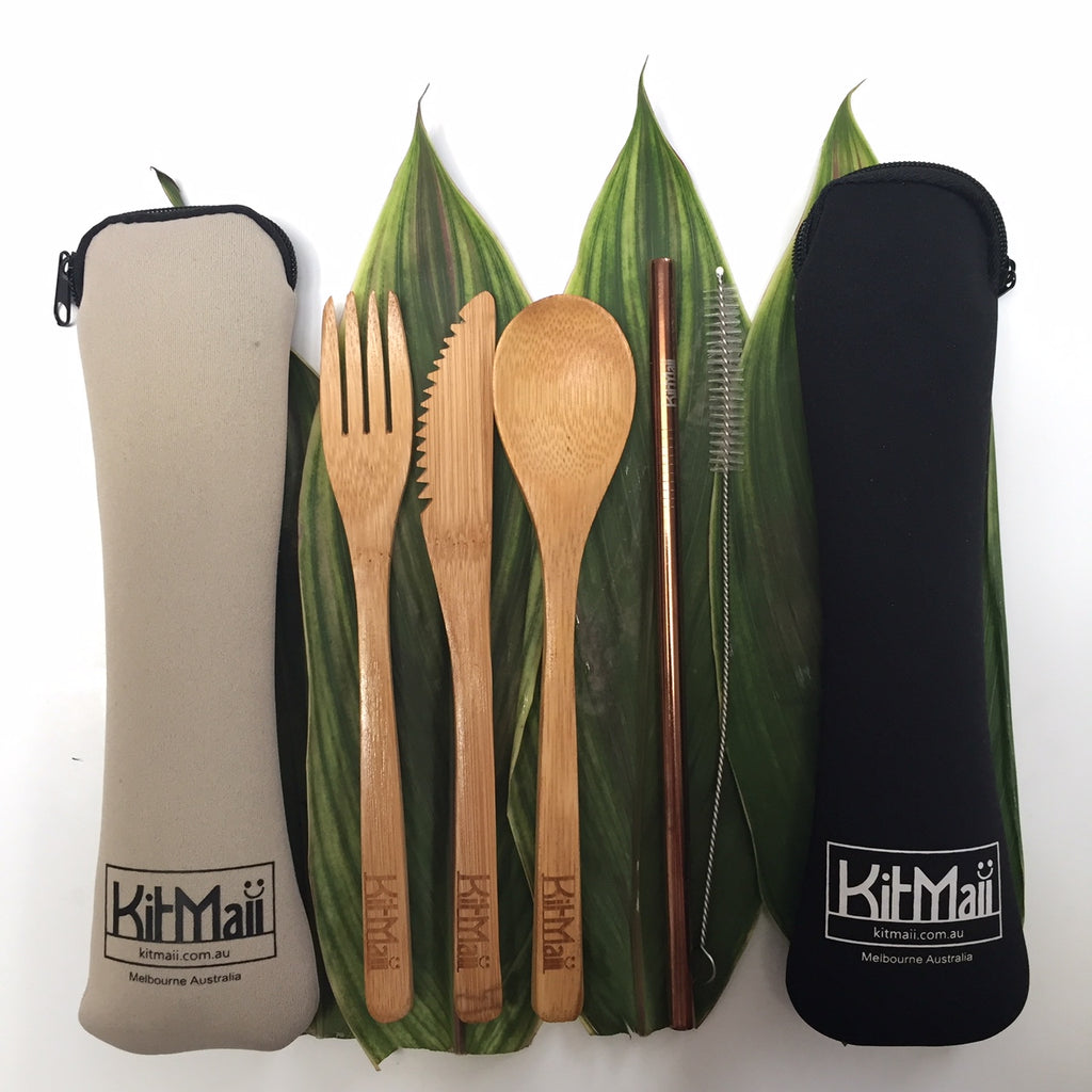 bamboo cutlery set with straw in pouch