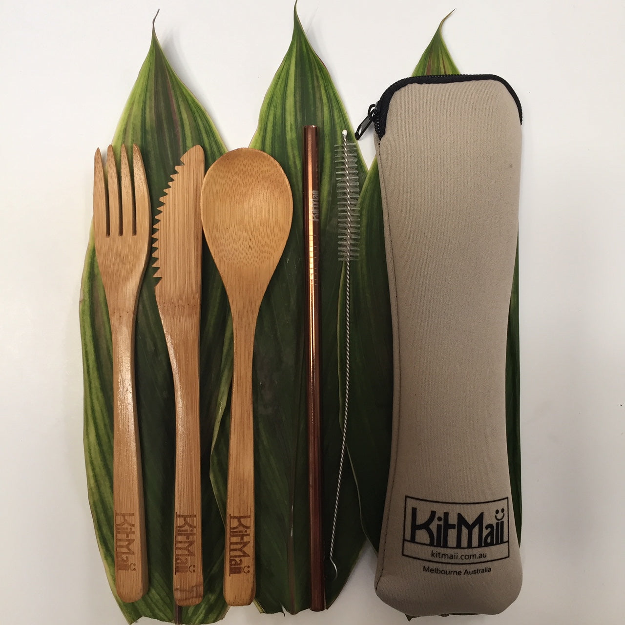 bamboo cutlery set with straw in pouch beige