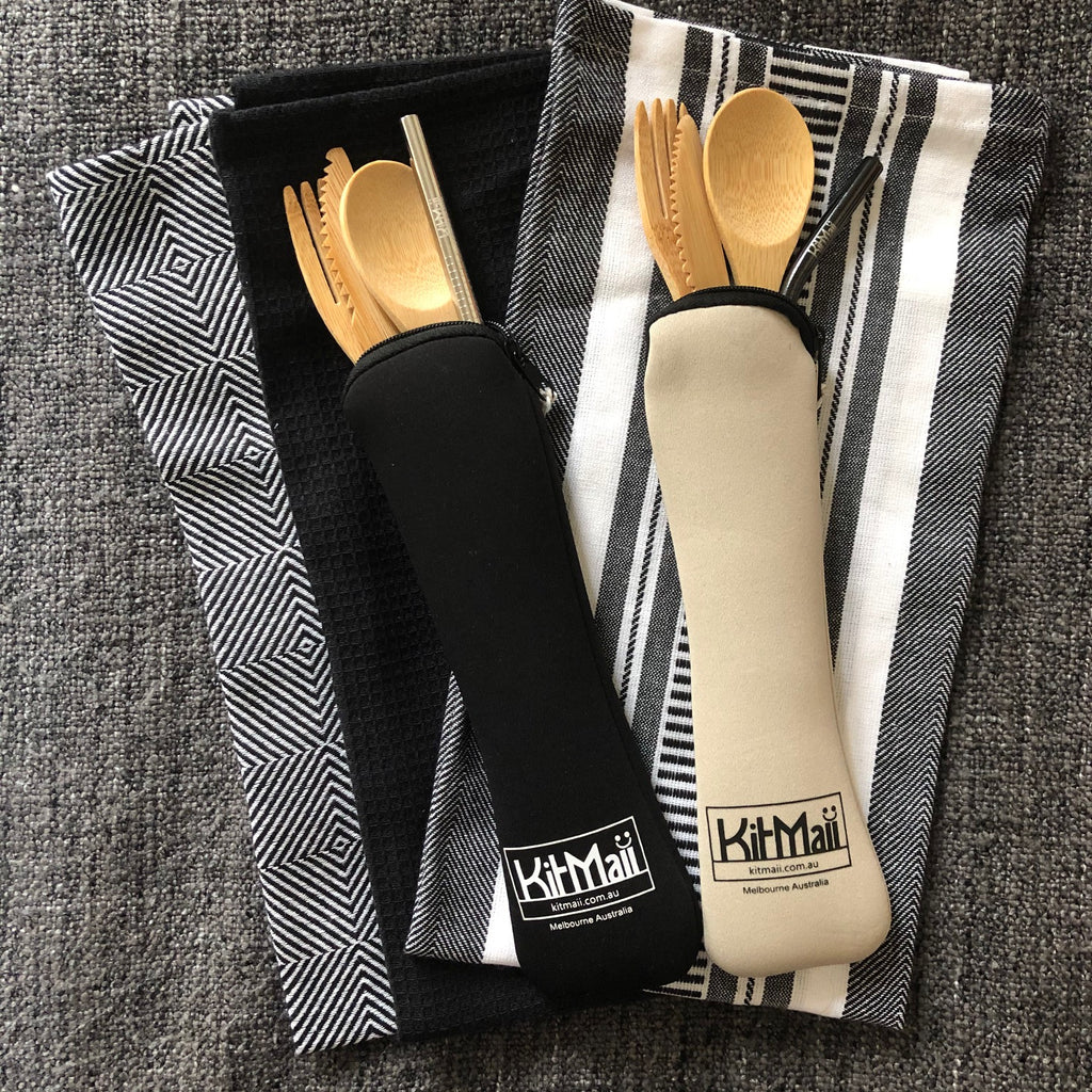 bamboo cutlery set with straw in pouch