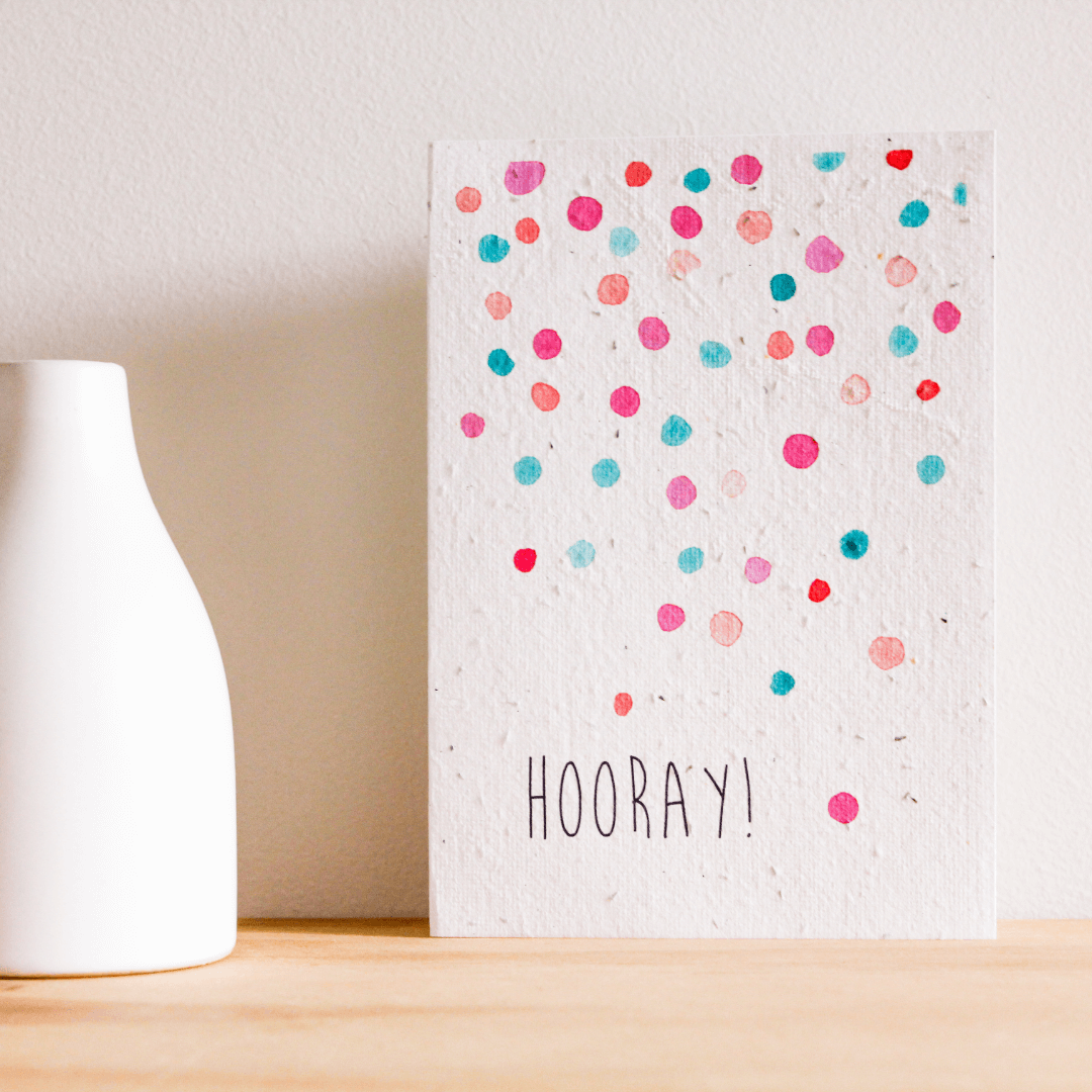  blooming plantable card with coloured dots and the word Hooray on the front cover