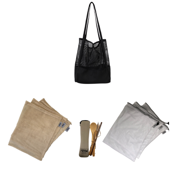 eco starter kit (black canvas mesh tote) beige cutlery pouch