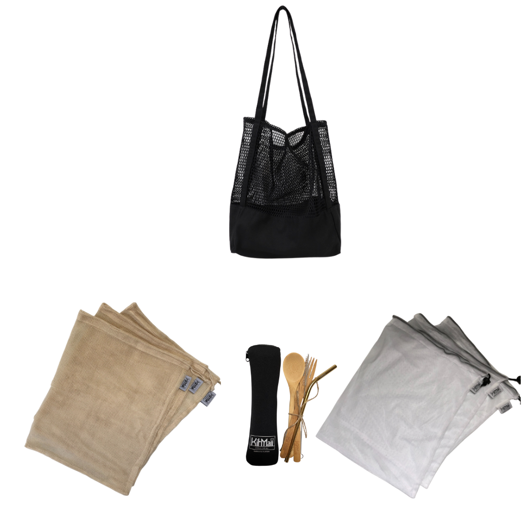 eco starter kit (black canvas mesh tote) black cutlery pouch