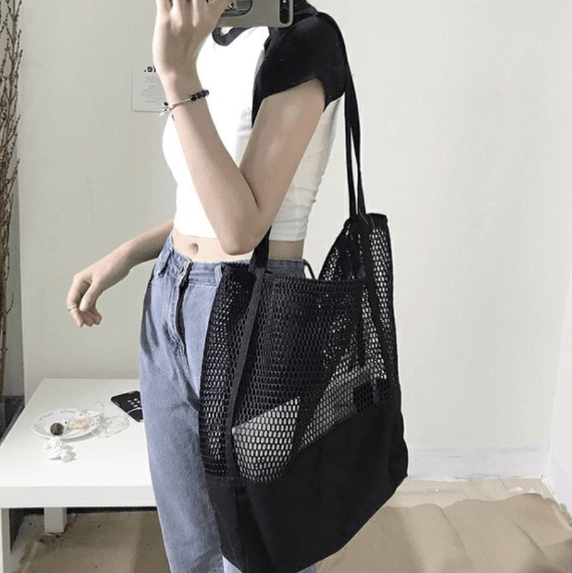 black canvas mesh tote